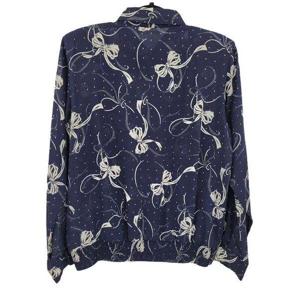 Vtg 80's Alfred Dunner Top Sheer Secretary Novelty Bow Print Blouse Navy Sz M - Picture 3 of 9